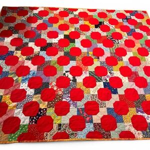 VTG Handmade Appliqué Quilt Full Queen 83x95 Red Circle Patchwork Scrap Quilt